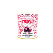 Boîte d'Amarena Toschi cerises noires en sirop, un délice sucré italien, 1kg, sans gluten.