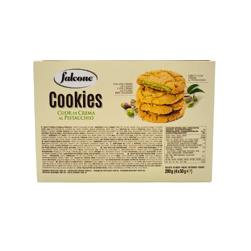 Dos du paquet de cookies Falcone cœur pistache avec liste des ingrédients - 200 g