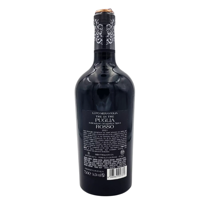 Bouteille de vin rouge Lupo Meraviglio Tre di Tre Puglia IGT 75cl, riche en arômes de fruits noirs.