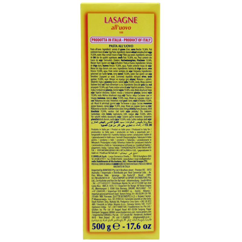 Lasagne aux oeufs Divella 500g - Ingrédients et composition - Pates italiennes de semoule de ble dur et oeufs