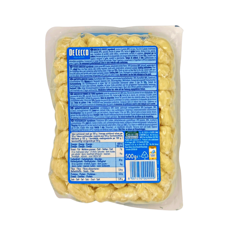 Informations et ingrƩdients des gnocchi de pommes de terre De Cecco 500g au dos du paquet