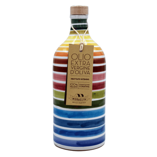 Bouteille en céramique de 50cl d'huile d'olive extra vierge Muraglia Fruttato Intenso, monoculture Coratina, 100% italienne.