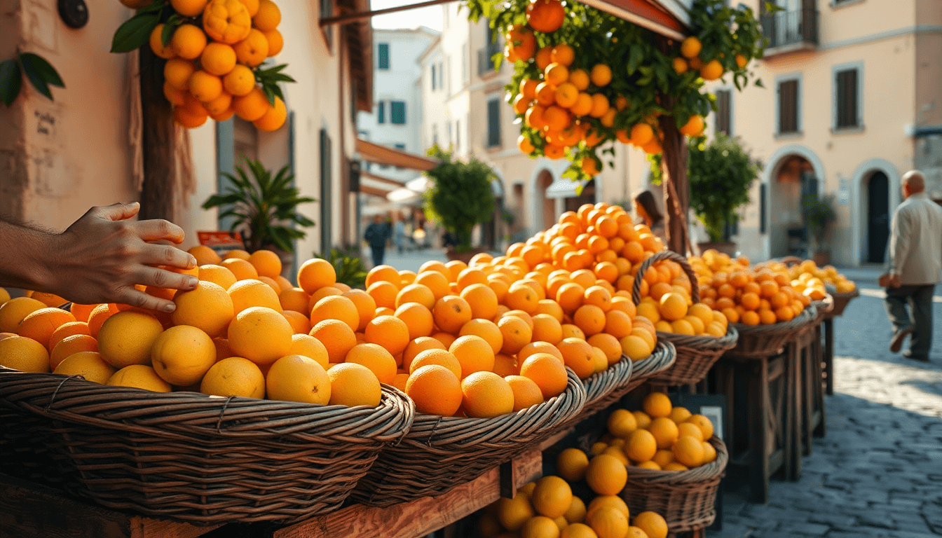 Étals de citrons et d’oranges sur un marché typique de la côte italienne, évoquant les saveurs méditerranéennes et les agrumes utilisés pour le limoncello et l’arancello.