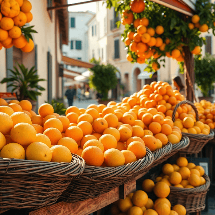 Étals de citrons et d’oranges sur un marché typique de la côte italienne, évoquant les saveurs méditerranéennes et les agrumes utilisés pour le limoncello et l’arancello.