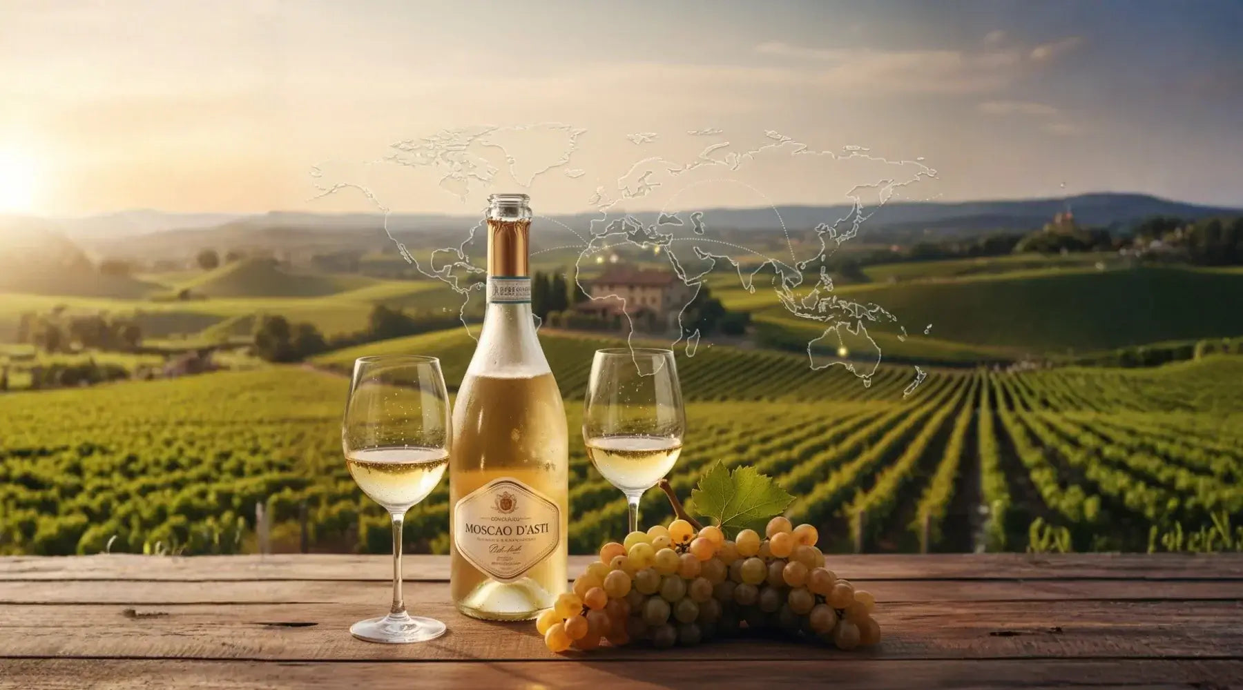 Bouteille de Moscato d’Asti avec deux verres de vin pétillant, posés sur une table en bois au milieu des vignobles du Piémont au coucher du soleil.