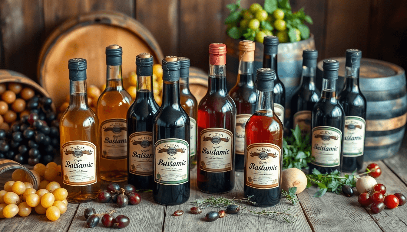 Bouteilles de différents vinaigres balsamiques italiens entourées de raisins et tonneaux en bois.