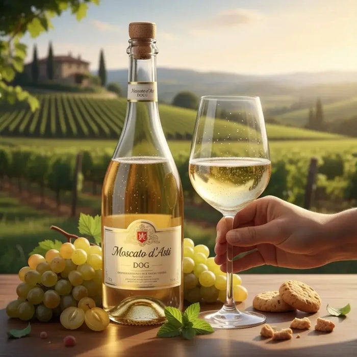 Bouteille de Moscato d’Asti avec verre de vin pétillant sur une table, accompagnés de raisins et d’un paysage du Piémont au coucher du soleil.