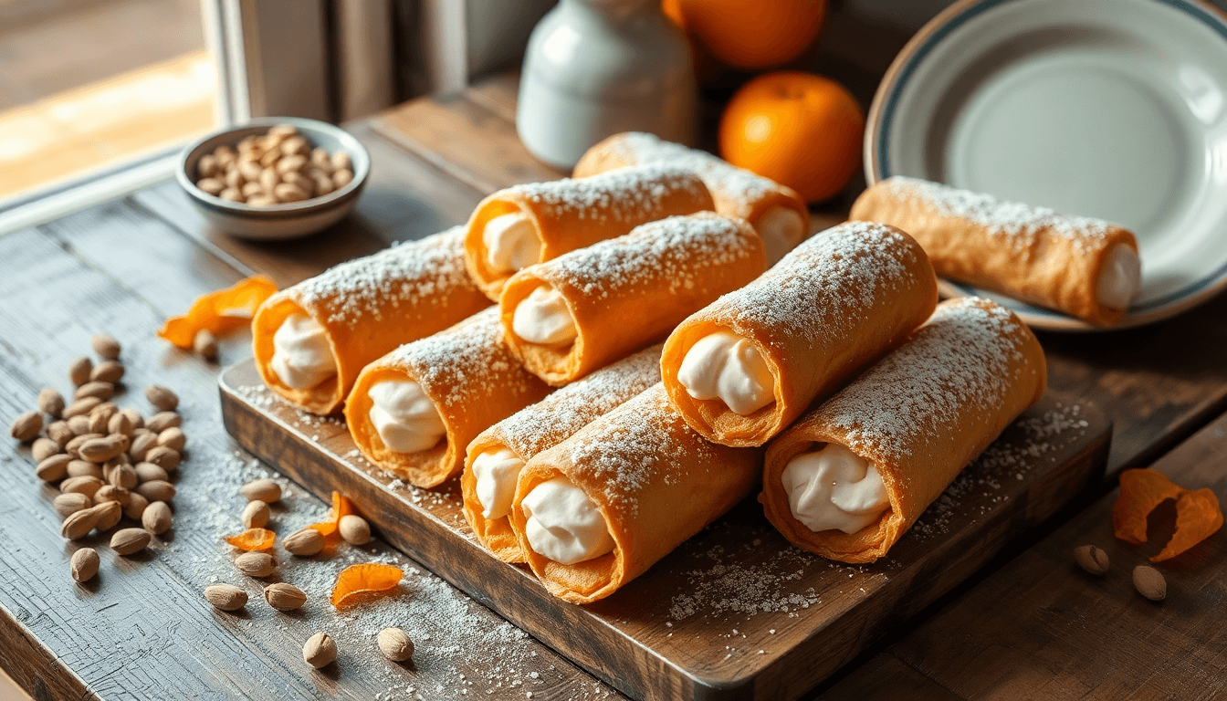 Cannoli siciliens traditionnels garnis de crème à la ricotta et saupoudrés de sucre glace, servis sur une assiette blanche dans un style artisanal.