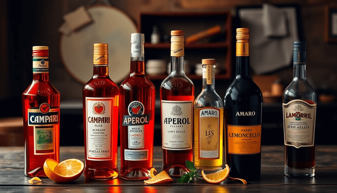 Sélection de digestifs et apéritifs italiens — Amaretto, Limoncello, Ratafia, Génépi et Verveine — présentés dans une ambiance méditerranéenne évoquant la tradition et le savoir-faire italien.