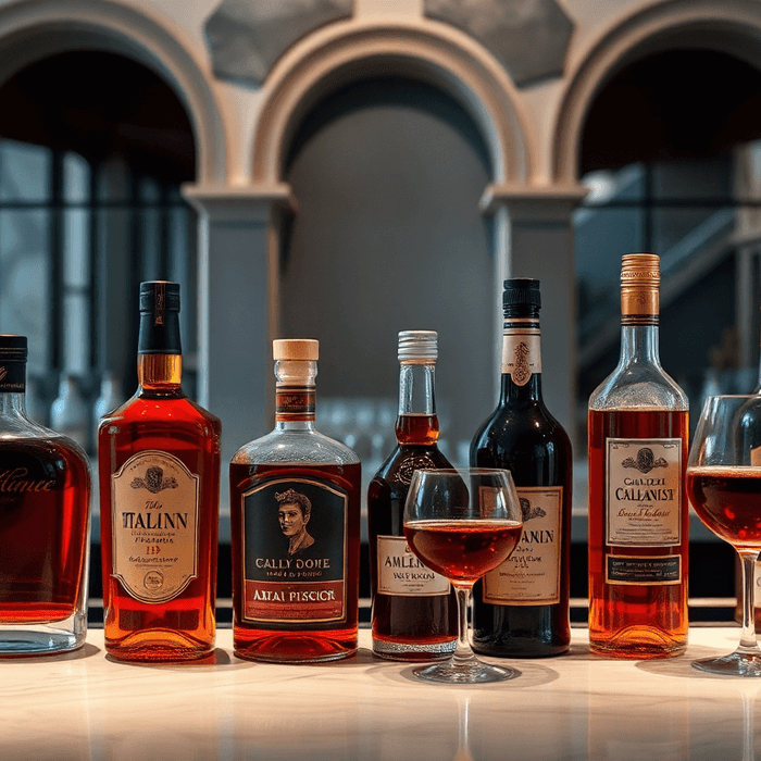 Sélection de liqueurs italiennes premium — limoncello, amaretto, grappa et autres spiritueux raffinés — présentée dans une ambiance élégante rappelant l’art de vivre à l’italienne.