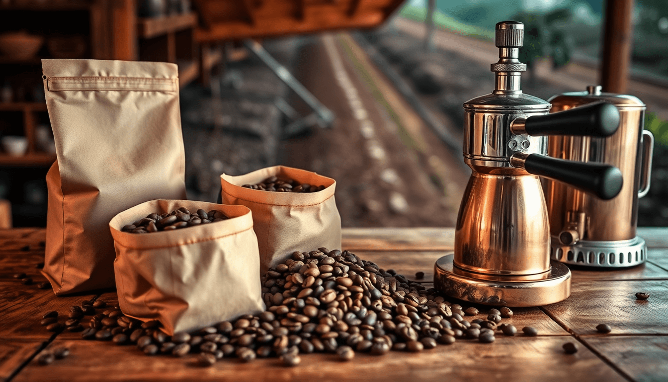Sacs de café en grain et cafetière italienne sur une table en bois, illustrant la sélection du meilleur café pour expresso.