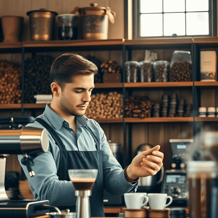 Barista préparant un café dans un café moderne, entouré de machines à espresso et de grains de café, illustrant le choix entre café en grain et café en capsule.