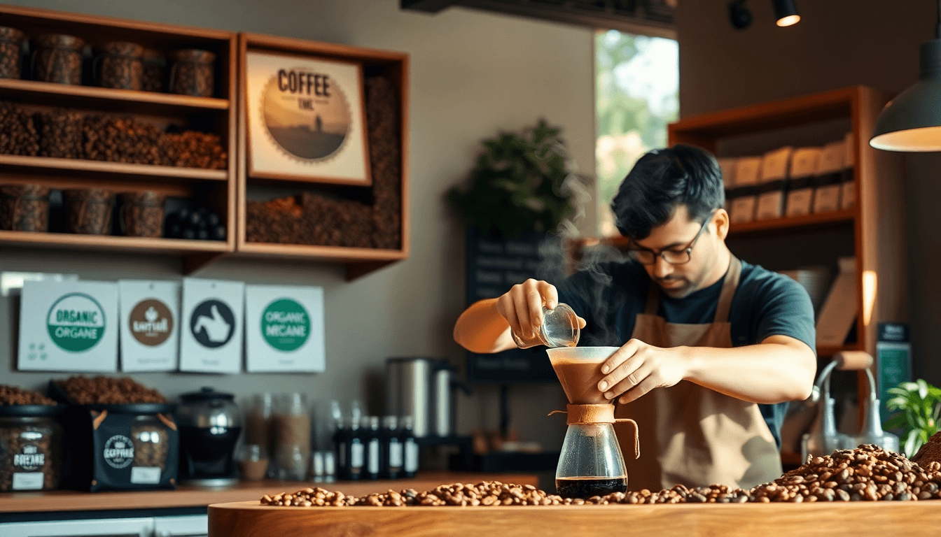 Barista préparant un café filtre dans un café artisanal, entouré de sacs de café bio équitable et d’étiquettes de certification écologique.