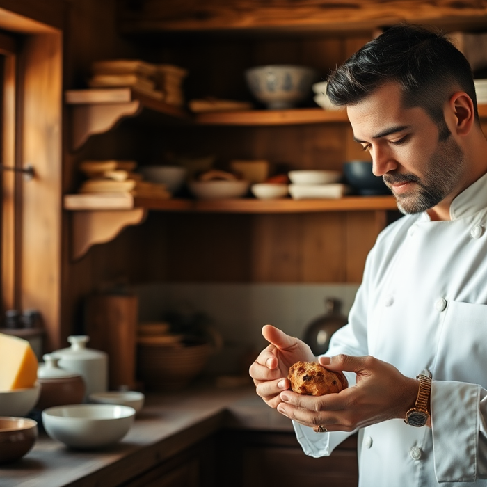 Chef français observant des produits italiens artisanaux sur une table en bois, entouré d’ingrédients méditerranéens — symbole du lien entre gastronomie française et savoir-faire italien — EasyGusto.fr
