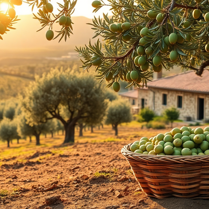 Panier d’olives vertes sous un olivier au coucher du soleil en Toscane — récolte artisanale d’huile d’olive italienne, EasyGusto.fr