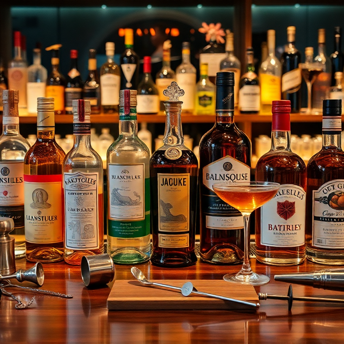 Sélection de liqueurs essentielles pour cocktails — curaçao bleu, bénédictine, chartreuse, cointreau, liqueur de café — présentées sur un bar élégant avec matériel de mixologie.