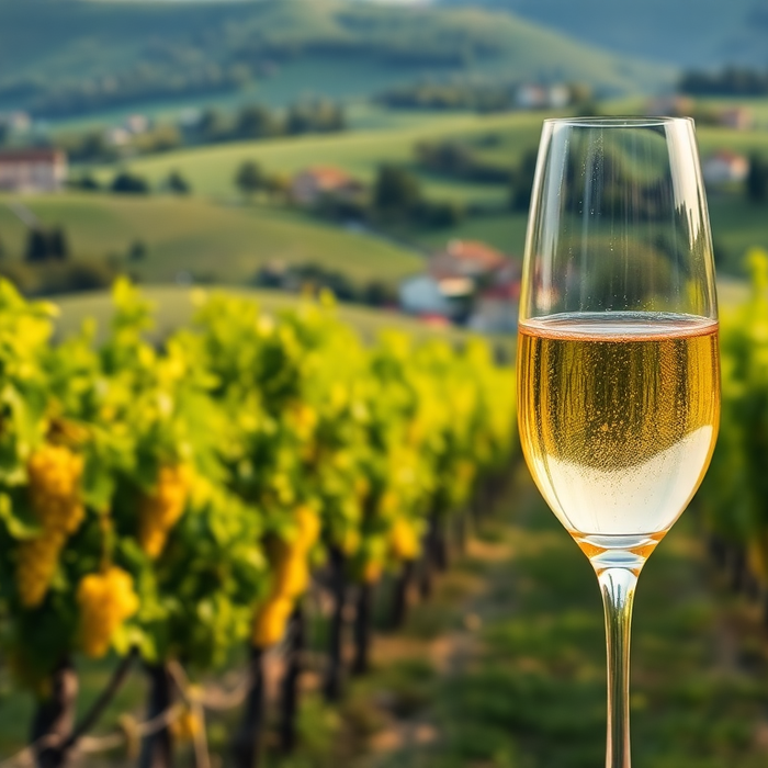 Flûte de Moscato d’Asti doré au cœur des vignes du Piémont, baignée de lumière, avec grappes de raisins mûrs en arrière-plan.