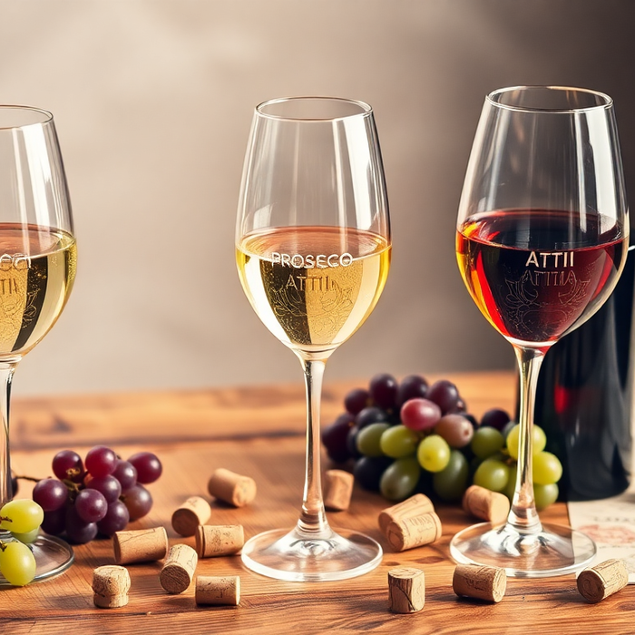 Trois verres de vins pétillants italiens — Prosecco, Asti et Lambrusco — accompagnés de grappes de raisin et de bouchons sur une table en bois, illustrant l’art des bulles italiennes — EasyGusto.fr