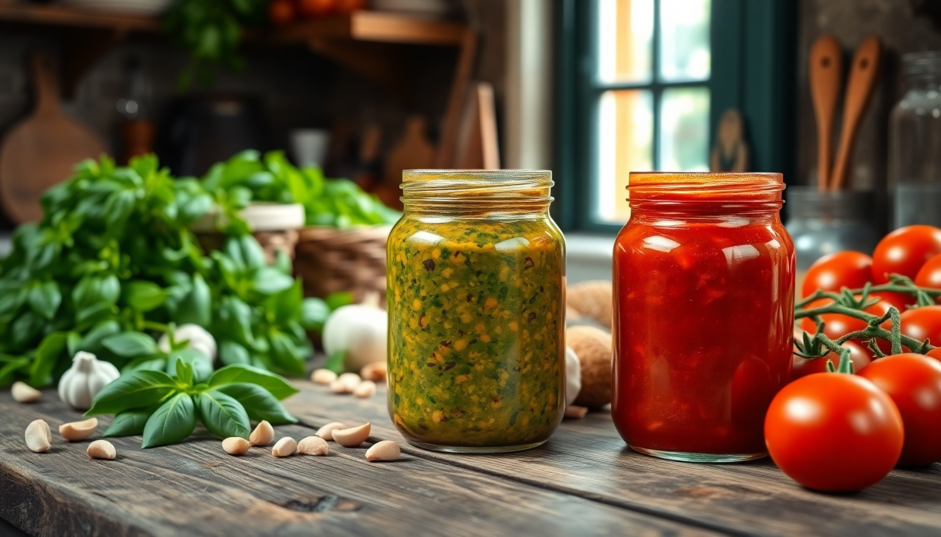 Pots de pesto vert et de sauce arrabbiata rouge sur une table en bois rustique, entourés de tomates, basilic frais, ail et pignons de pin — EasyGusto.fr