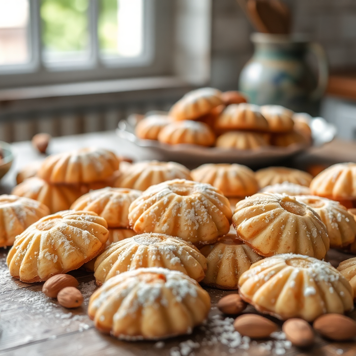 Assortiment de biscuits italiens aux amandes — amaretti traditionnels dorés, présentés sur une table rustique en bois avec des amandes entières et un café italien — EasyGusto.fr