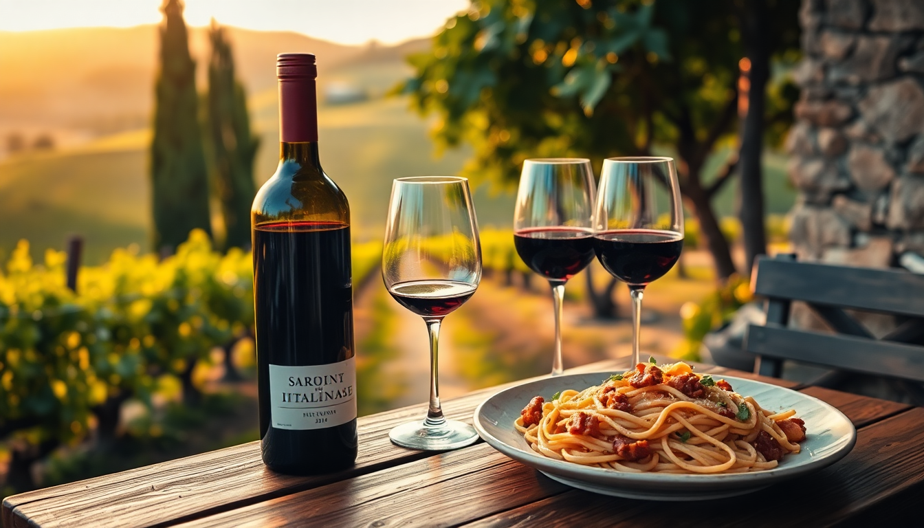 Bouteille de vin rouge italien avec deux verres de vin et une assiette de spaghetti à la sauce tomate, posés sur une table en terrasse avec vue sur un vignoble au coucher du soleil en Toscane.