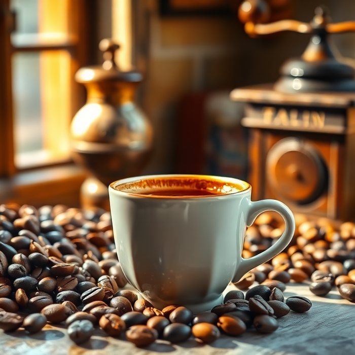 Tasse de café italien entourée de grains fraîchement torréfiés, posée sur une table rustique près d’un moulin à café traditionnel et d’une fenêtre ensoleillée — EasyGusto.fr