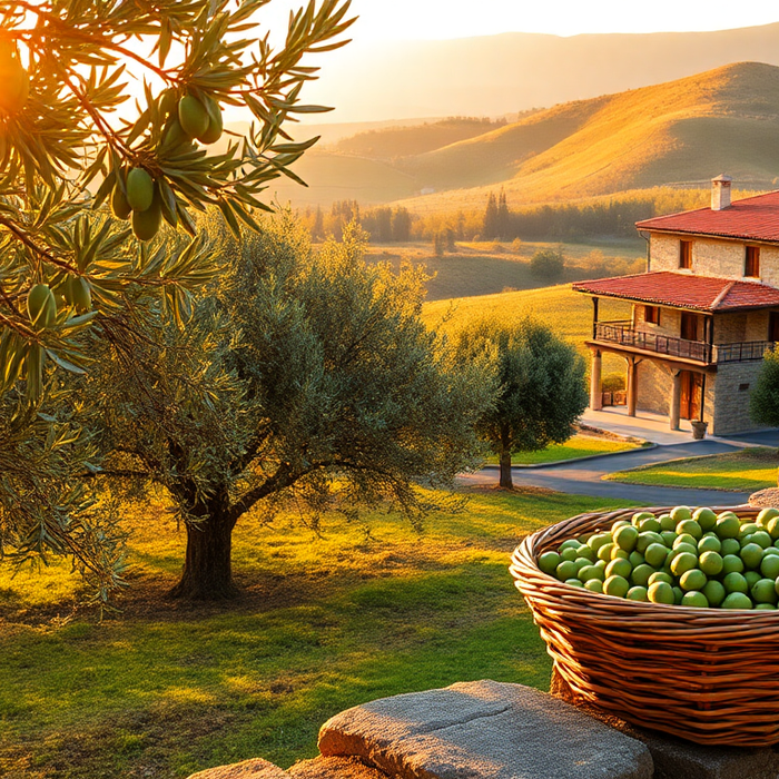 Panier d’olives vertes posé sur un muret de pierre dans une oliveraie toscane au coucher du soleil, avec une maison traditionnelle en arrière-plan — EasyGusto.fr
