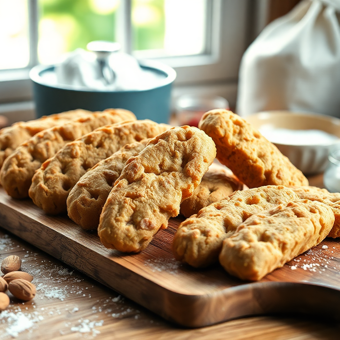 Biscuits italiens croustillants disposés sur une planche en bois avec des amandes et des ingrédients artisanaux dans une cuisine lumineuse — EasyGusto.fr