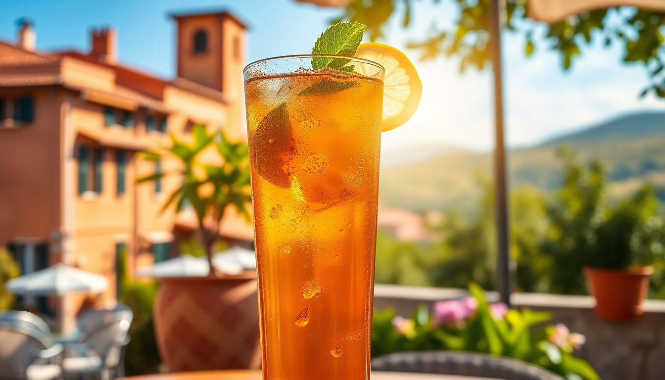 Verre de thé glacé Estathé Citron servi avec glaçons et tranche de citron dans un décor estival italien.