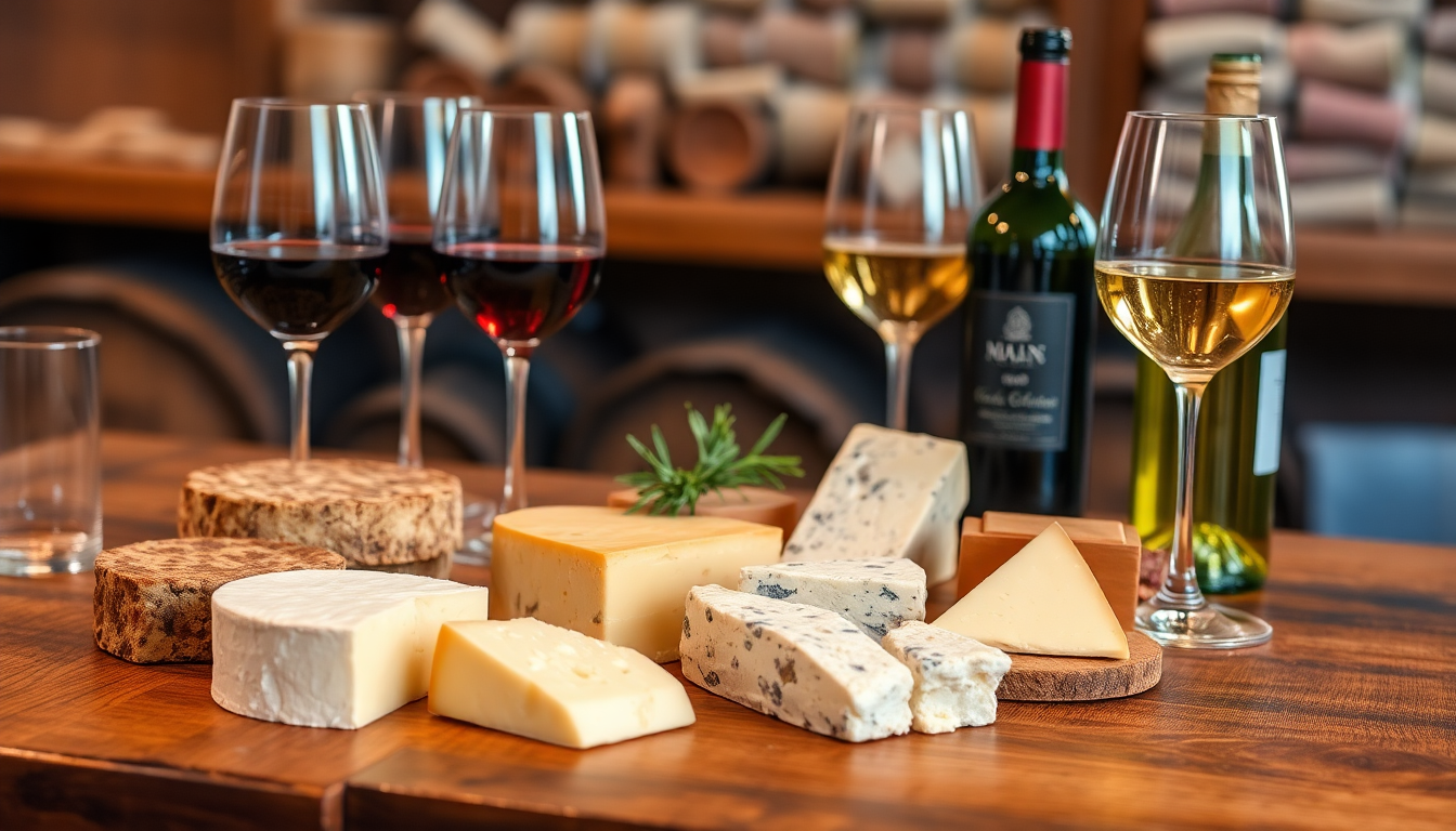 Assortiment de fromages français affinés accompagnés de vins italiens rouges et blancs, disposés sur une table en bois dans une ambiance conviviale — EasyGusto.fr