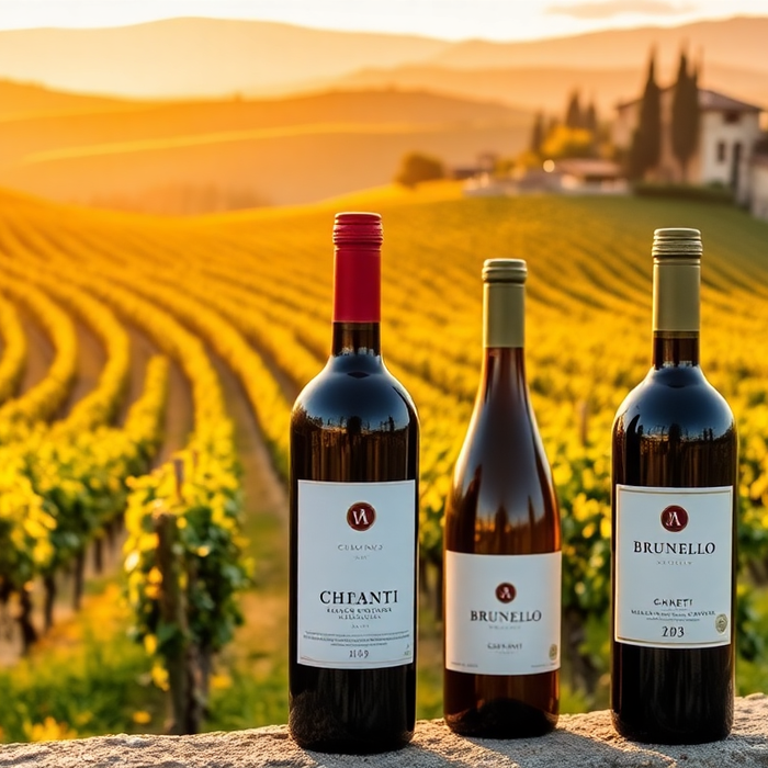 Trois bouteilles de vin toscan — Chianti et Brunello — posées sur un muret en pierre, avec en arrière-plan un vignoble doré au coucher du soleil en Toscane, illustrant l’élégance et la tradition viticole italienne — EasyGusto.fr