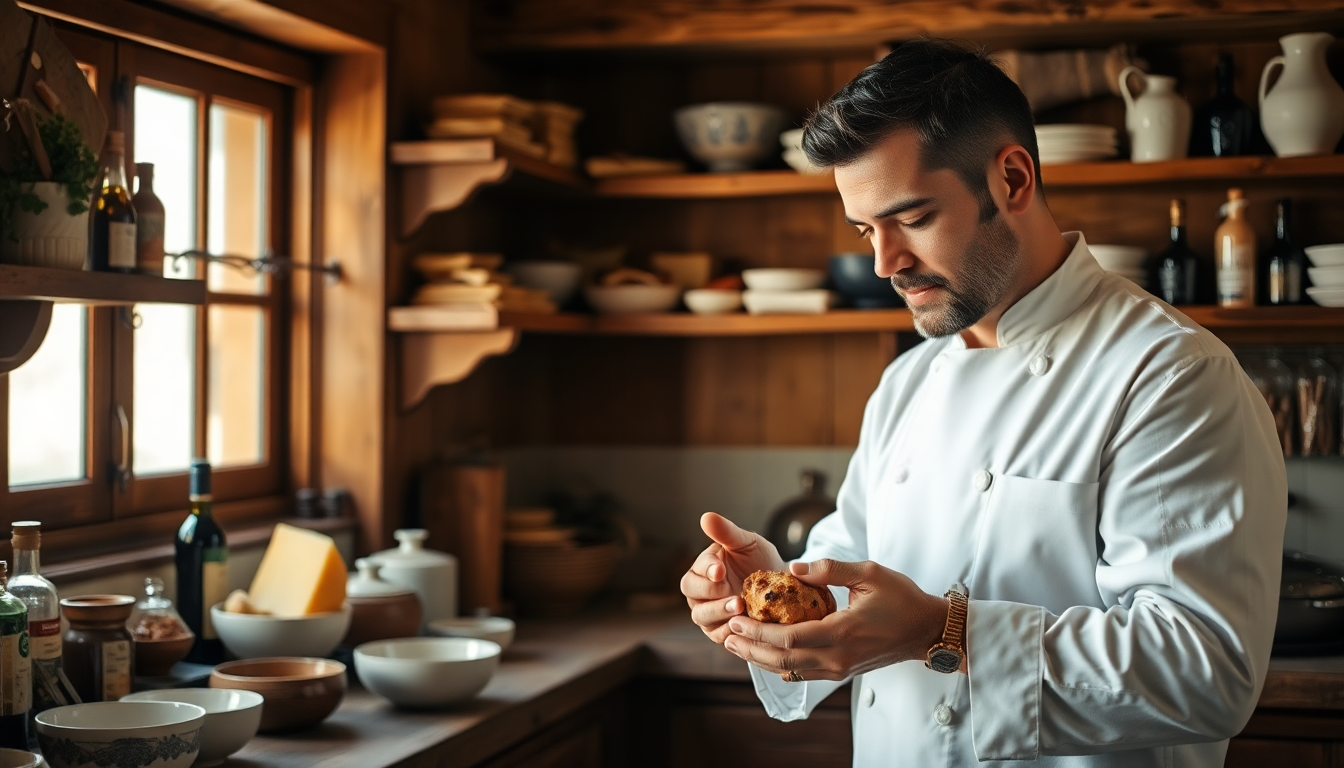 Chef français observant des produits italiens artisanaux sur une table en bois, entouré d’ingrédients méditerranéens — symbole du lien entre gastronomie française et savoir-faire italien — EasyGusto.fr