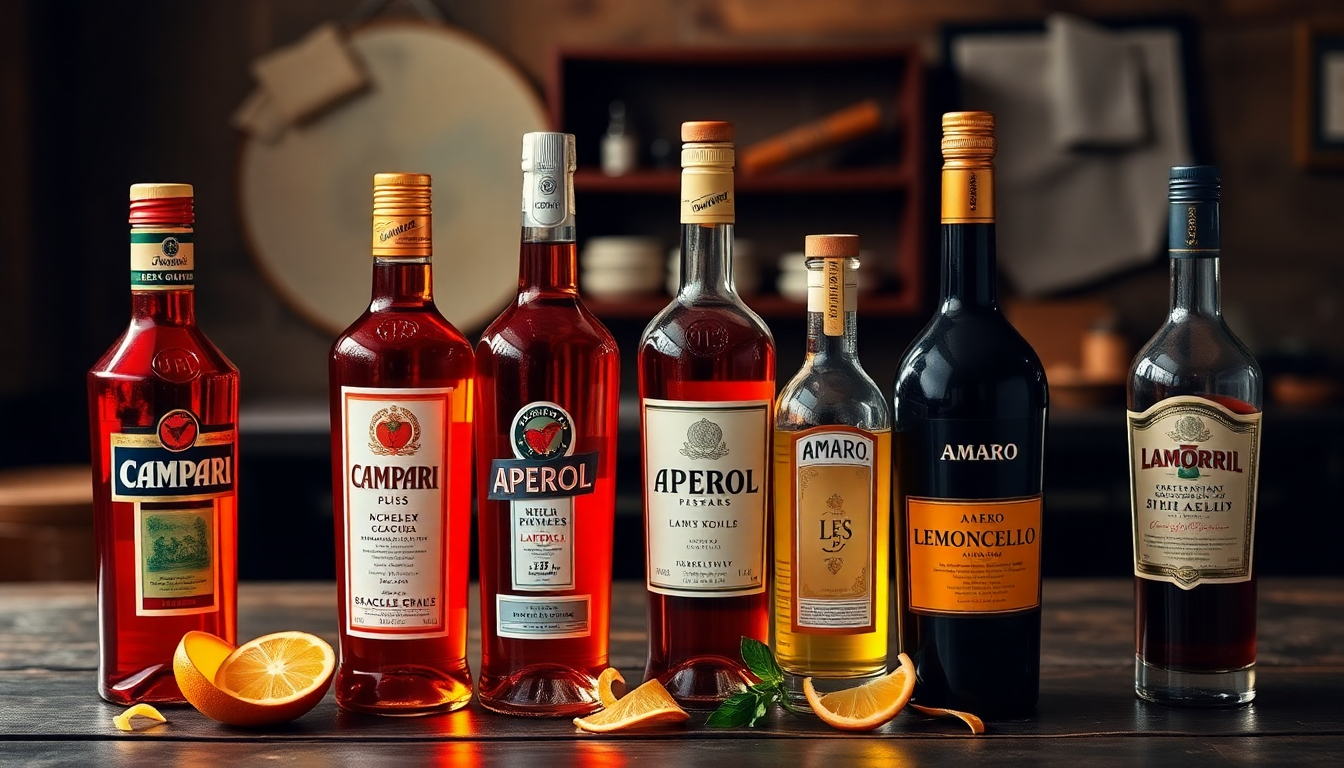 Sélection de digestifs et apéritifs italiens — Amaretto, Limoncello, Ratafia, Génépi et Verveine — présentés dans une ambiance méditerranéenne évoquant la tradition et le savoir-faire italien.