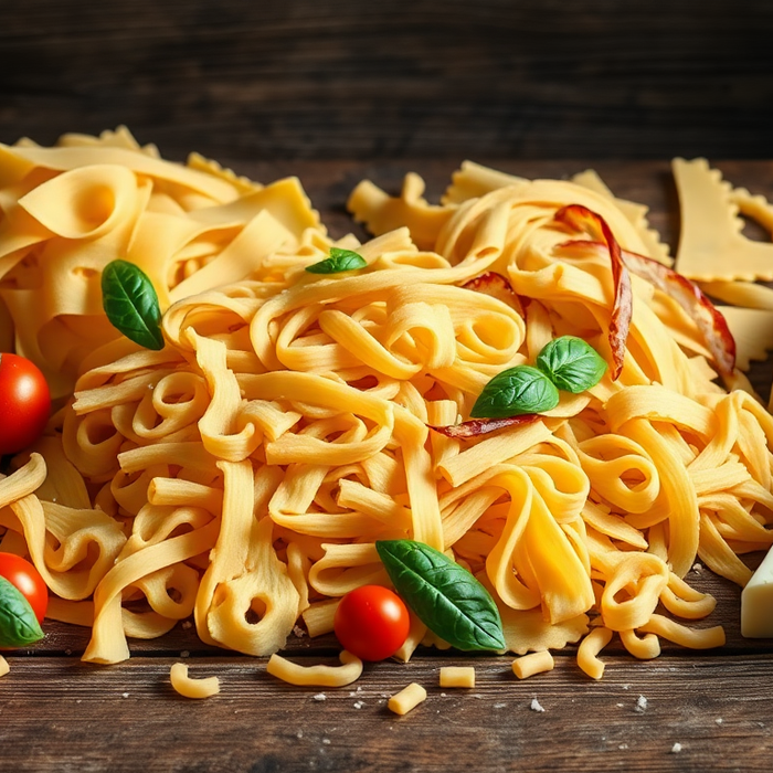 Assortiment de pâtes italiennes artisanales avec tomates cerises, basilic et fromage sur une table rustique — EasyGusto.fr