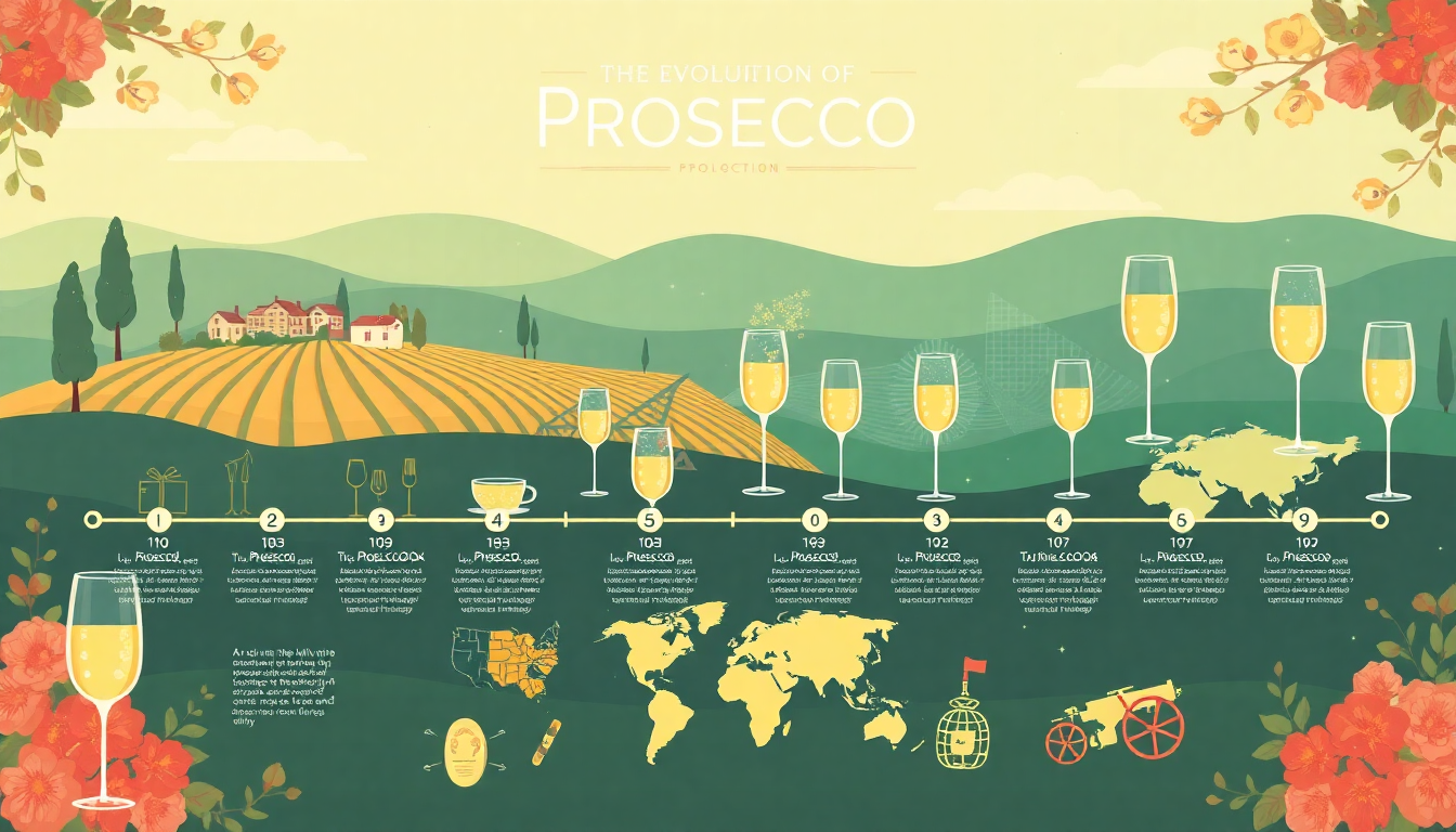Infographie illustrant l’évolution du prosecco italien — de ses origines en Vénétie à sa renommée mondiale, symbolisée par des verres de vin pétillant et une carte des exportations EasyGusto.fr
