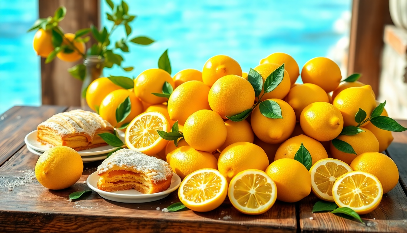 Citrons frais de Sicile sur table en bois avec pâtisseries au citron — spécialités siciliennes authentiques EasyGusto.fr