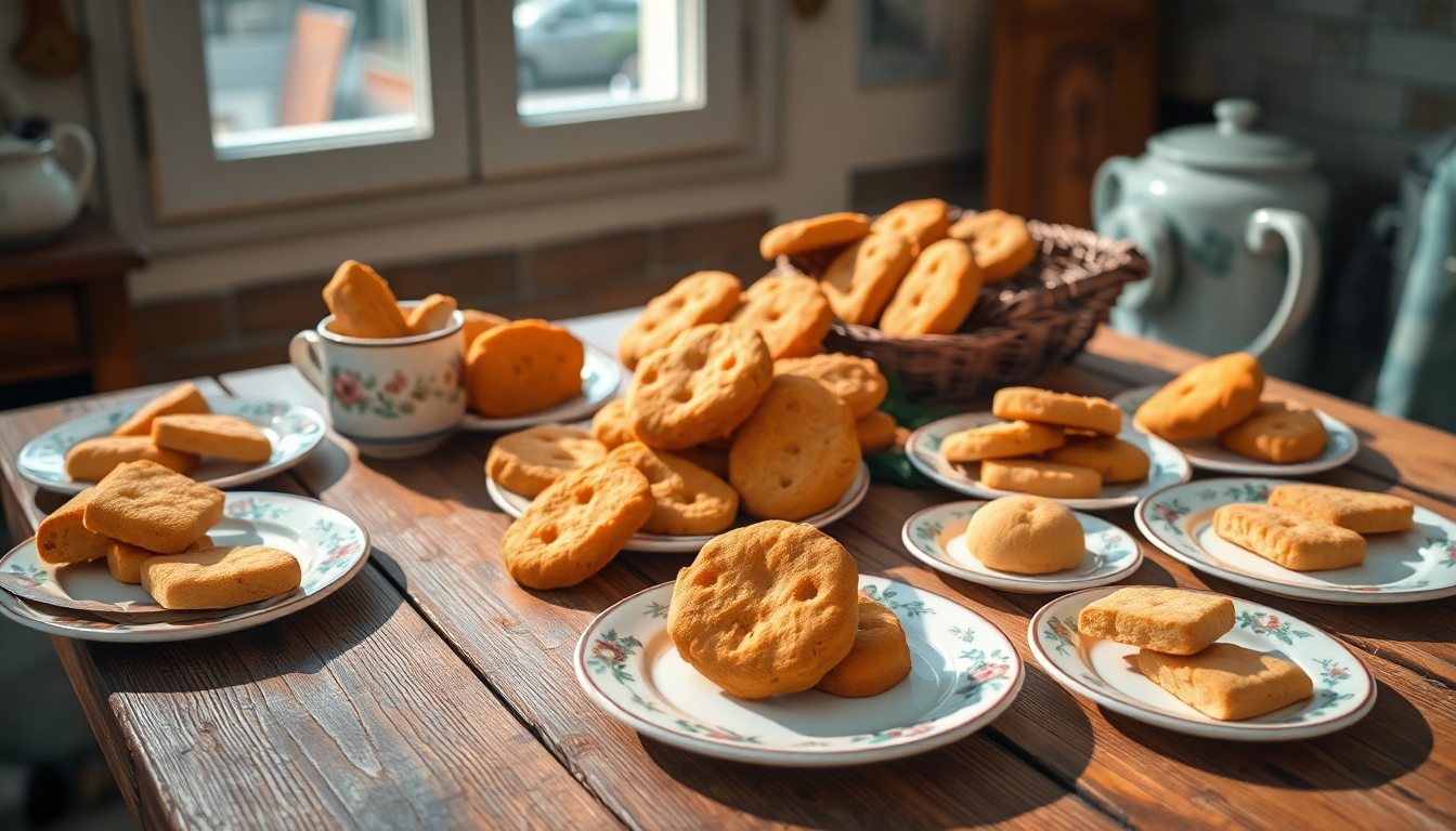 Assortiment de biscuits italiens de petit-déjeuner dorés sur une table en bois rustique, servis sur des assiettes en porcelaine dans une cuisine italienne ensoleillée — pâtisseries artisanales, EasyGusto.fr
