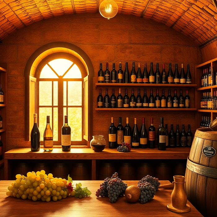 Cave italienne traditionnelle remplie de bouteilles de vin doux — Moscato, Marsala et Vin Santo — éclairée par une lumière dorée, symbolisant l’art viticole et la richesse des terroirs d’Italie. EasyGusto.fr