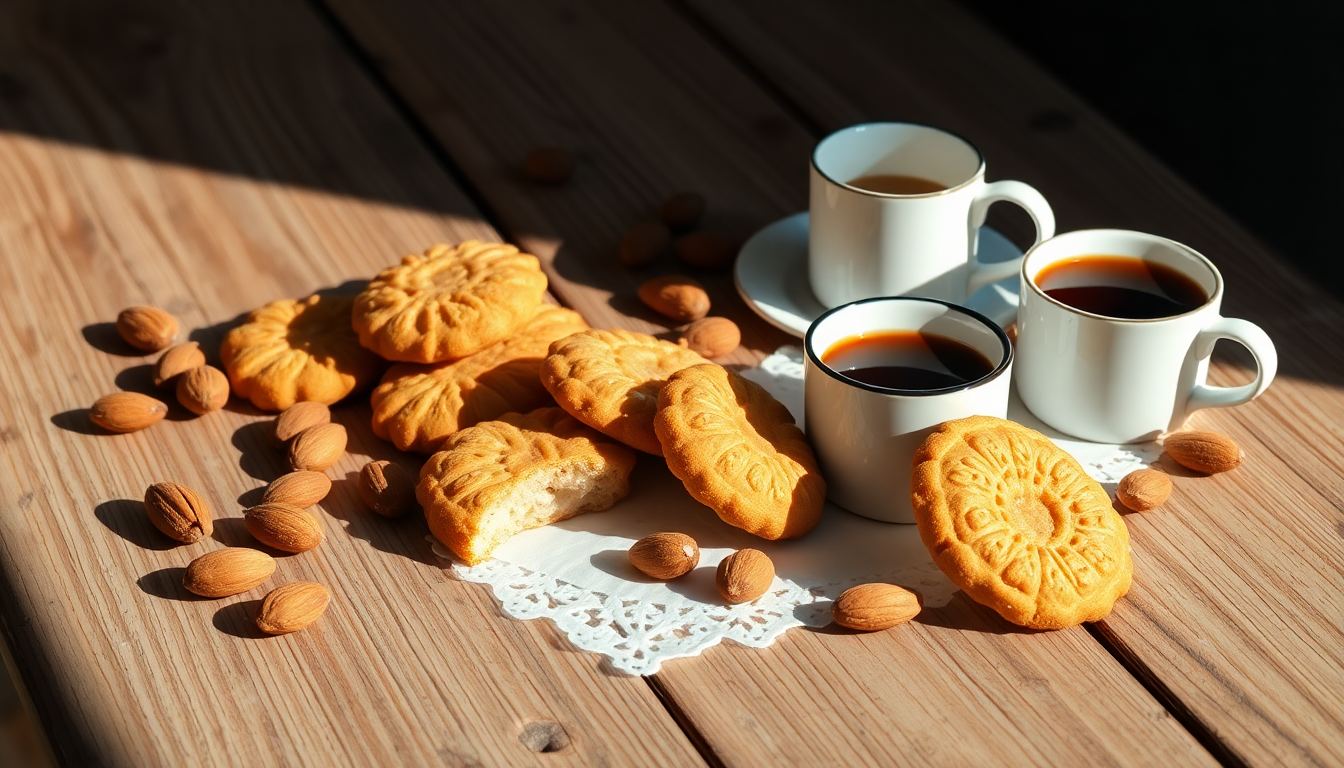 Biscuits italiens à base d’amande – amaretti et cantuccini – accompagnés de tasses d’expresso sur une table en bois ensoleillée, ambiance authentique italienne EasyGusto.fr