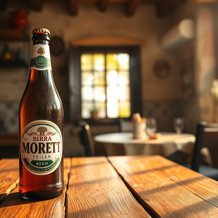 Bouteille et verre de Birra Moretti sur une table rustique italienne – bière blonde artisanale italienne, photo EasyGusto.fr