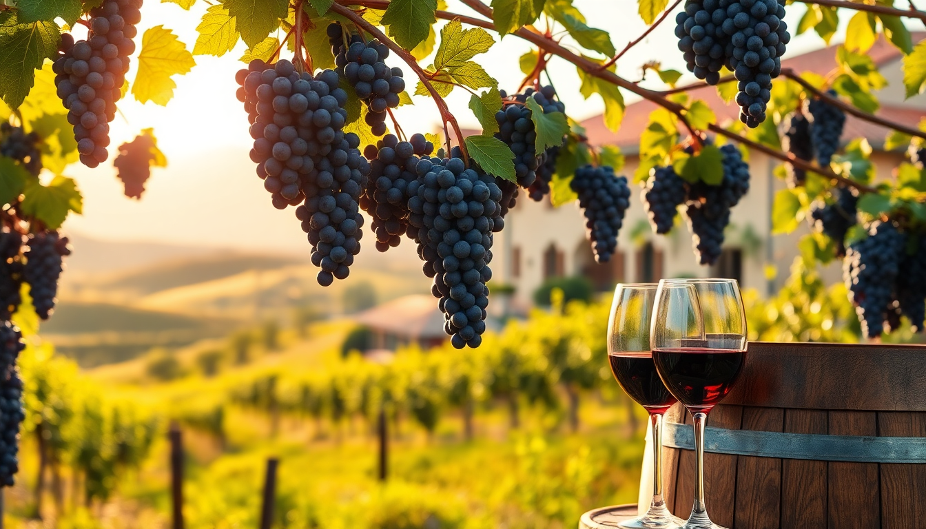 Grappes de raisins mûrs suspendues dans un vignoble ensoleillé d’Émilie-Romagne, avec deux verres de Lambrusco rouge posés sur un tonneau — symbole du vin pétillant italien et de la tradition viticole — EasyGusto.fr