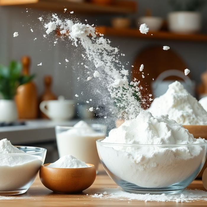 Bols de fécule de maïs et farine de maïs utilisés pour la cuisine italienne et les recettes maison.