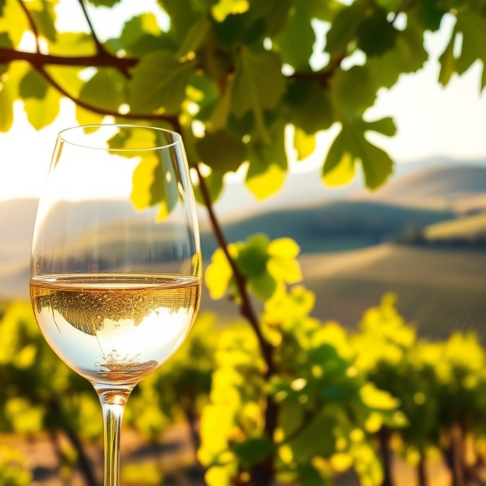 Verre de vin blanc scintillant dans un vignoble ensoleillé d’Italie, entouré de vignes verdoyantes et de collines estivales — symbole de fraîcheur et d’art de vivre italien — EasyGusto.fr
