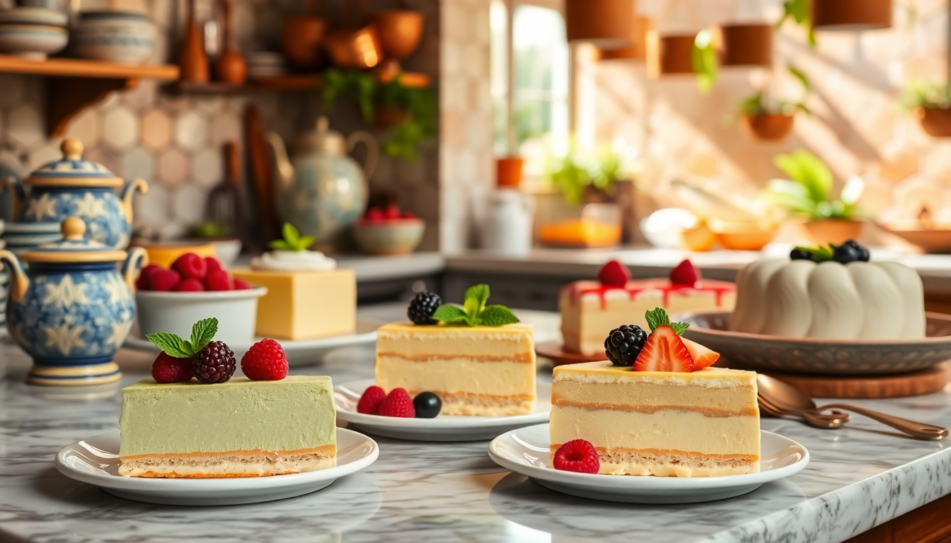 Assiettes de semifreddo et de cassata italiennes garnies de fruits frais dans une cuisine artisanale, ambiance lumineuse et gourmande — desserts glacés authentiques d’Italie, EasyGusto.fr