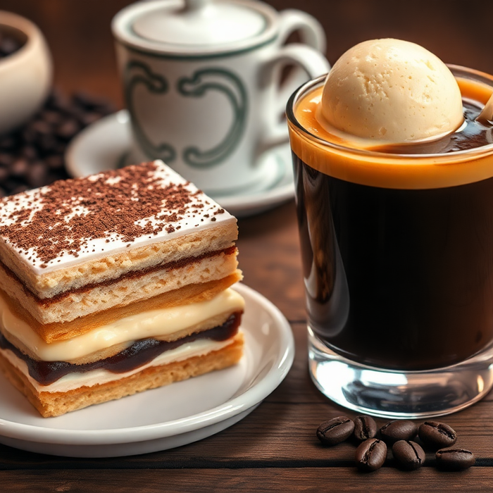 Tiramisu italien crémeux et affogato au café expresso garnis d’une boule de glace vanille, servis sur une table en bois avec grains de café — EasyGusto.fr