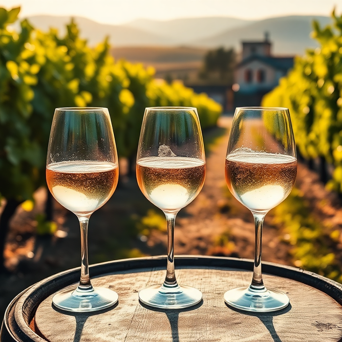 Trois verres de vins pétillants italiens posés sur un tonneau entre les vignes du Piémont au coucher du soleil, symbolisant le Moscato d’Asti, l’Asti Spumante et le Prosecco.