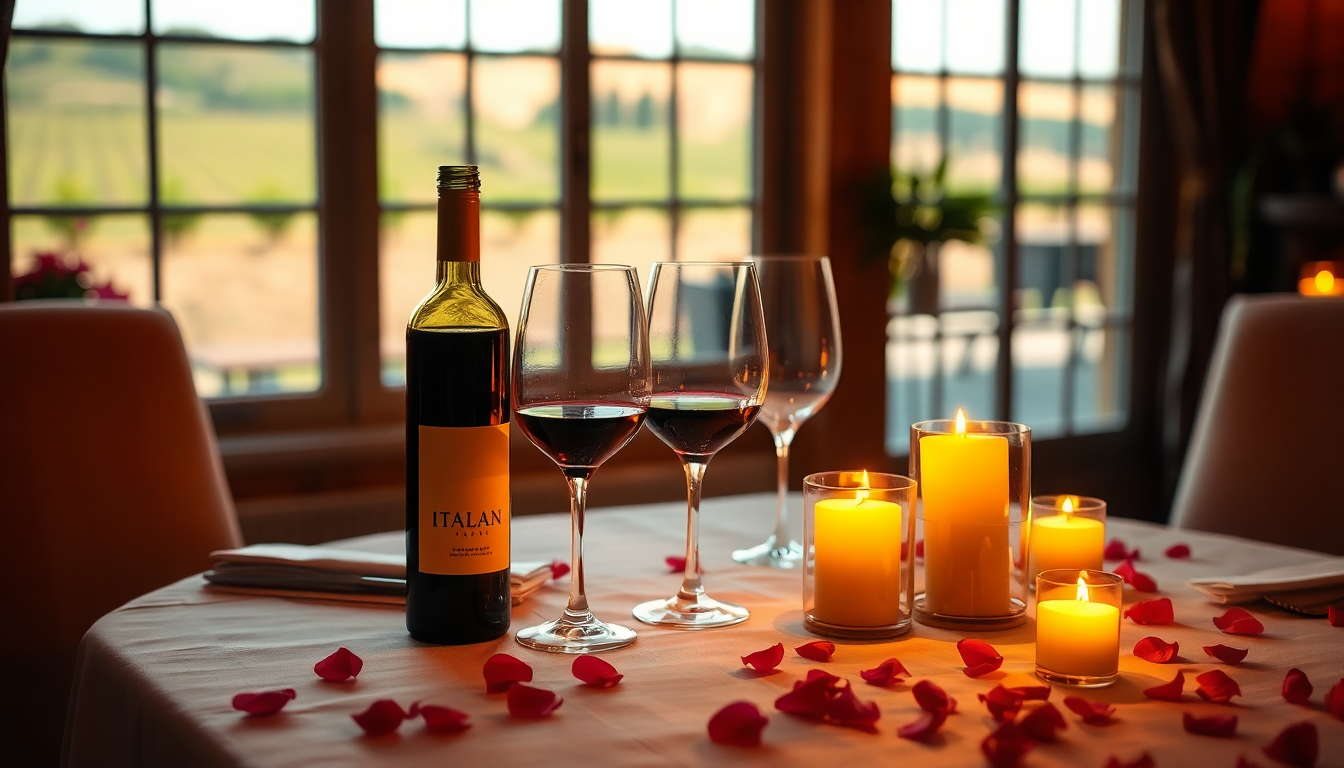Table élégamment dressée pour un dîner romantique avec bougies allumées, pétales de rose, verres à vin et une bouteille de vin italien rouge — EasyGusto.fr