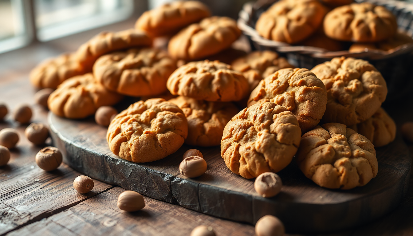 Biscuits italiens à la noisette dorés, disposés sur une planche en bois rustique, entourés de noisettes entières — symbole du croquant et de la gourmandise de la pâtisserie italienne traditionnelle — EasyGusto.fr