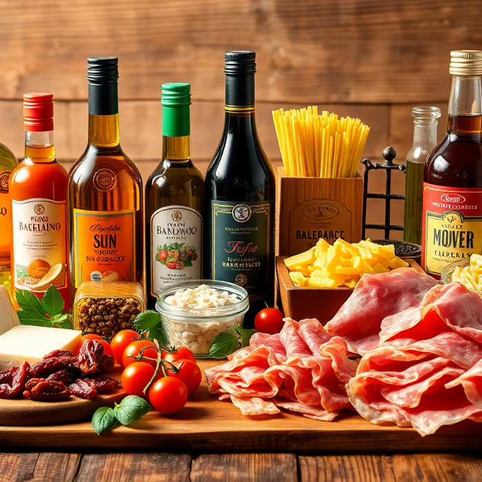 Sélection de produits italiens authentiques : huile d’olive, pâtes, charcuterie, fromages et vins sur planche en bois — EasyGusto