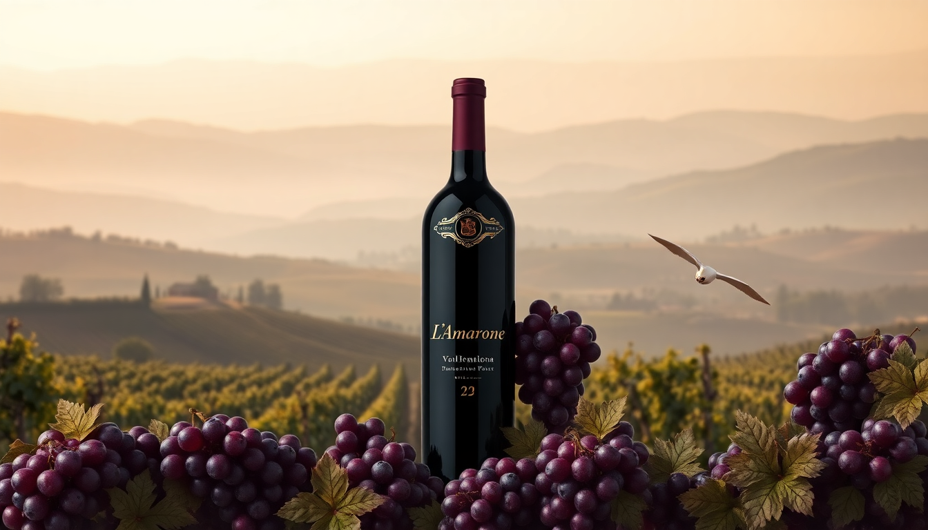 Bouteille de vin Amarone della Valpolicella posée devant un vignoble ensoleillé de Vénétie, entourée de grappes de raisins mûrs, représentant l’élégance et la puissance de ce vin italien d’exception.